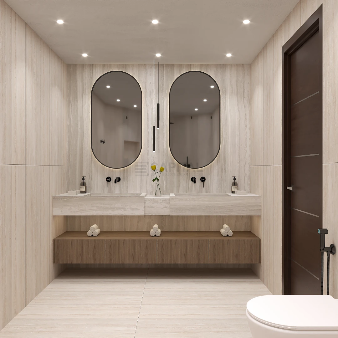 Minimalist contemporary bathroom interior with vertical cream travertine tiling and warm lighting. Symmetrical double sink setup with hanging pendant lights, oval mirrors, and a floating wood vanity unit for a spa-like atmosphere.