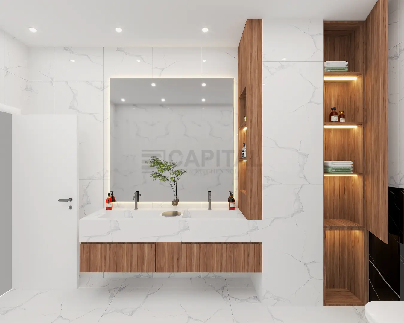 
Modern minimalist bathroom design featuring floor-to-ceiling white marble tiles, a floating wood double vanity with a large backlit rectangular mirror, and built-in illuminated wooden shelving.