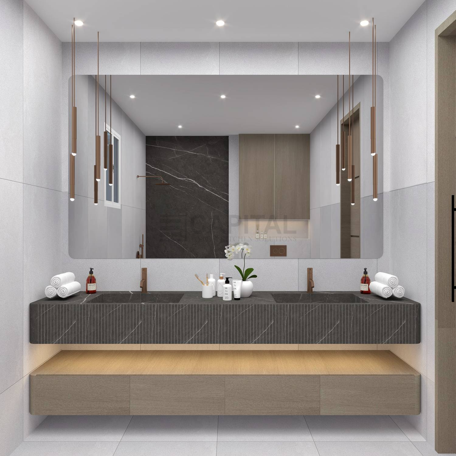 Contemporary bathroom design featuring a large mirror, minimalist pendant lights, dark stone countertop, wooden vanity, rolled towels, and premium bathroom accessories.