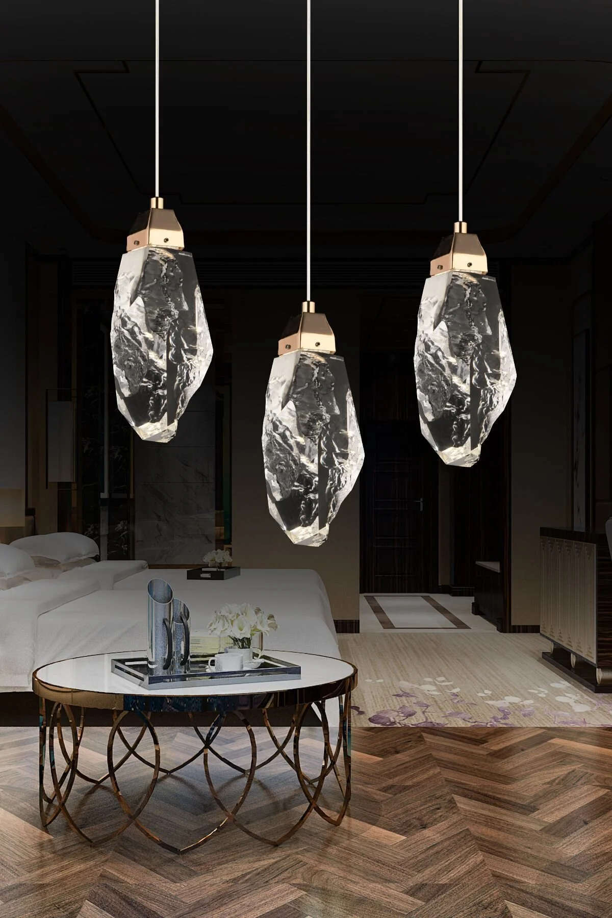 Luxury Crystal Stone LED Pendant Light &ndash; Gold Finish