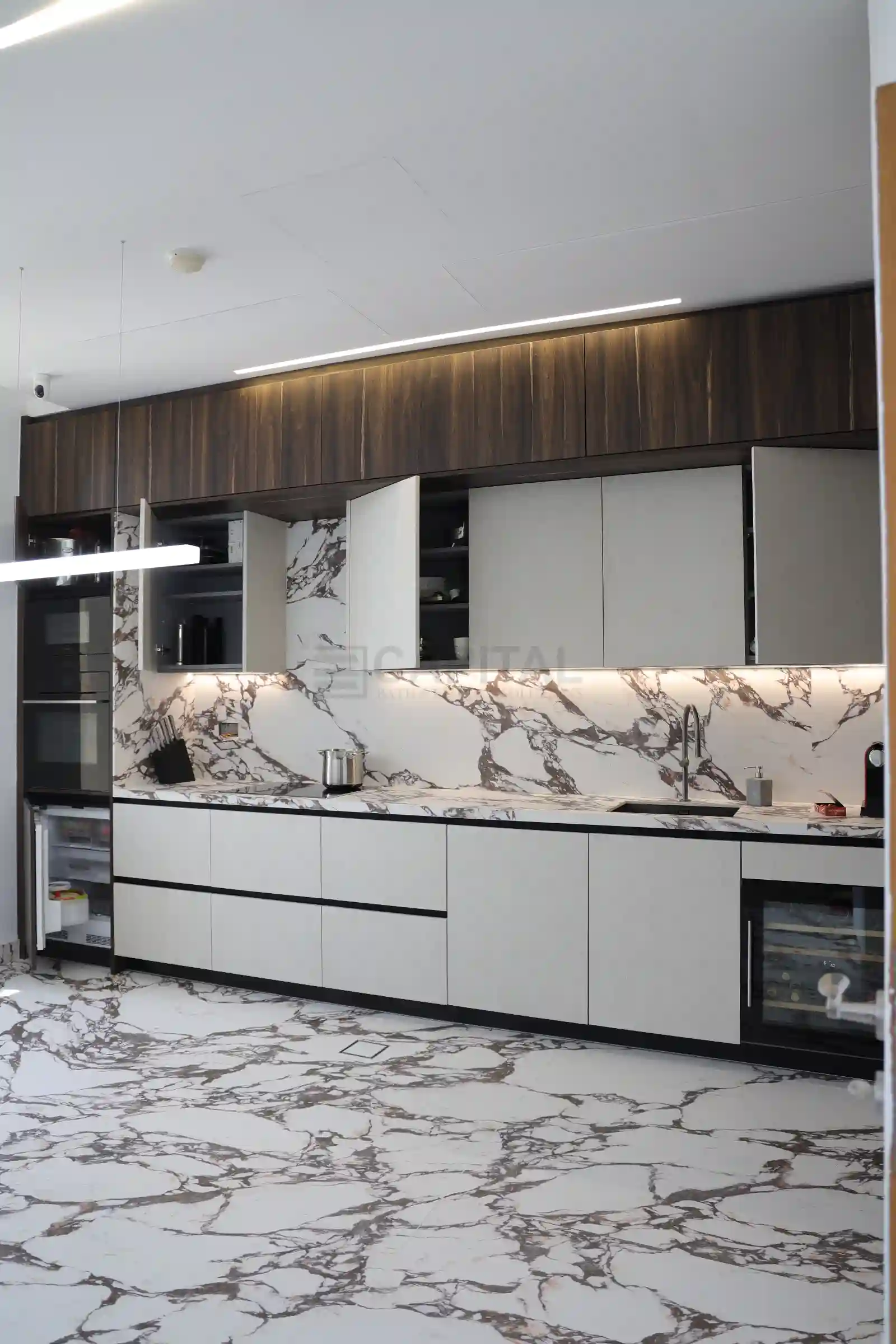 Kitchen Full View with Walnut Cabinetry