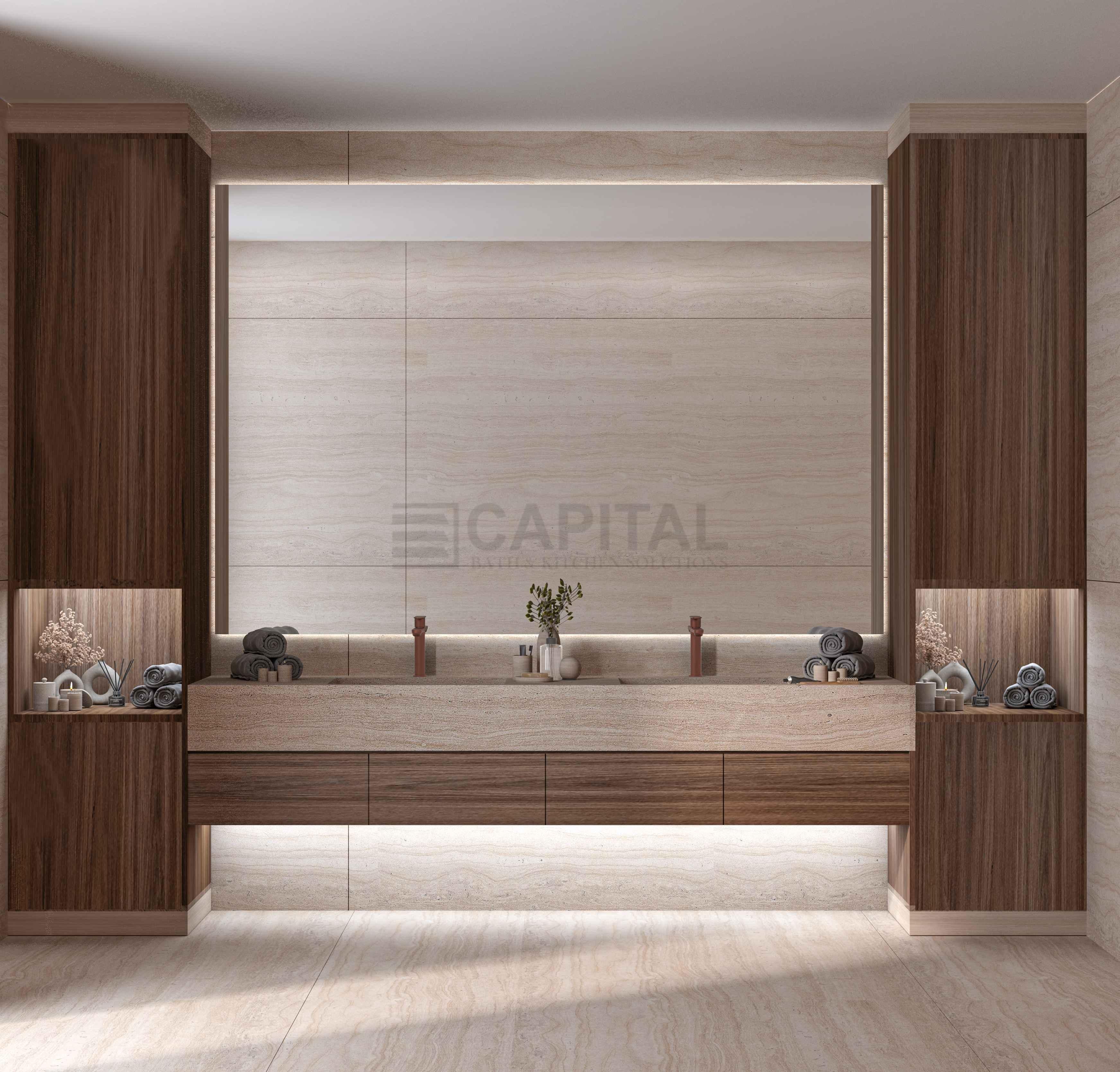 Travertine-Look Porcelain Double Vanity with Backlit Mirror & Wooden Storage Towers
