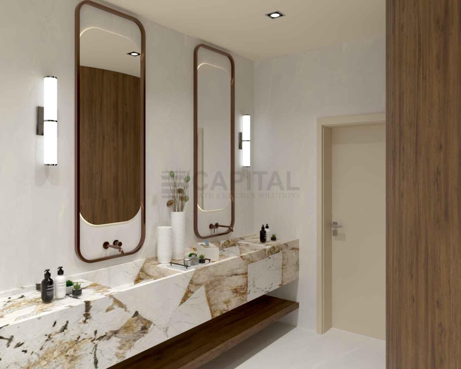 Luxury White & Gold Porcelain Vanity with Double Basin – Elegant Bathroom Counter Design in Dubai 