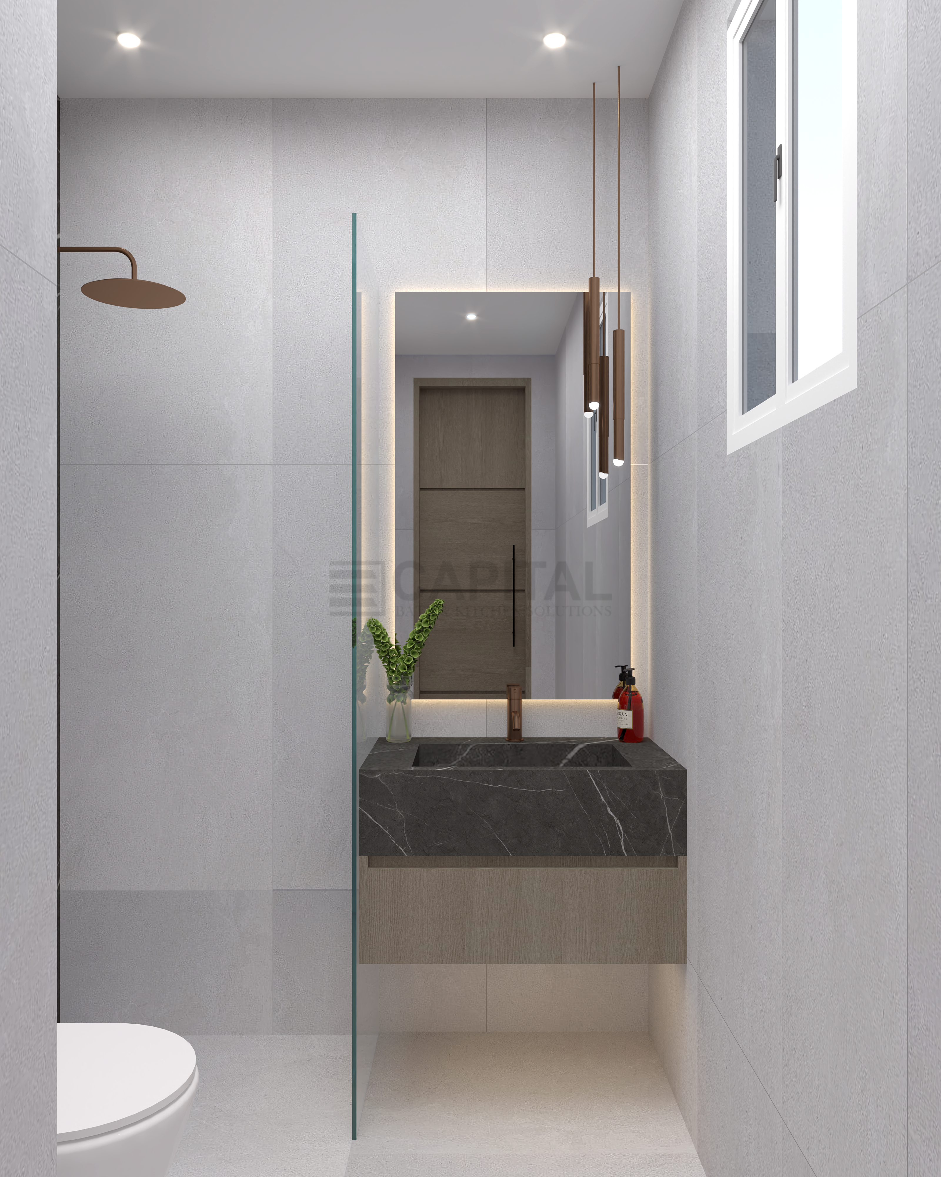 Luxury Guest Bathroom with Dark Porcelain Vanity & Walk-In Shower – Modern Dubai Design