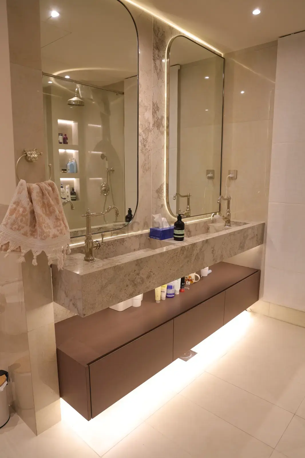 Grand Master Suite Double Bathroom Vanity | Beige Marble-Look Porcelain & Floating Taupe Console 