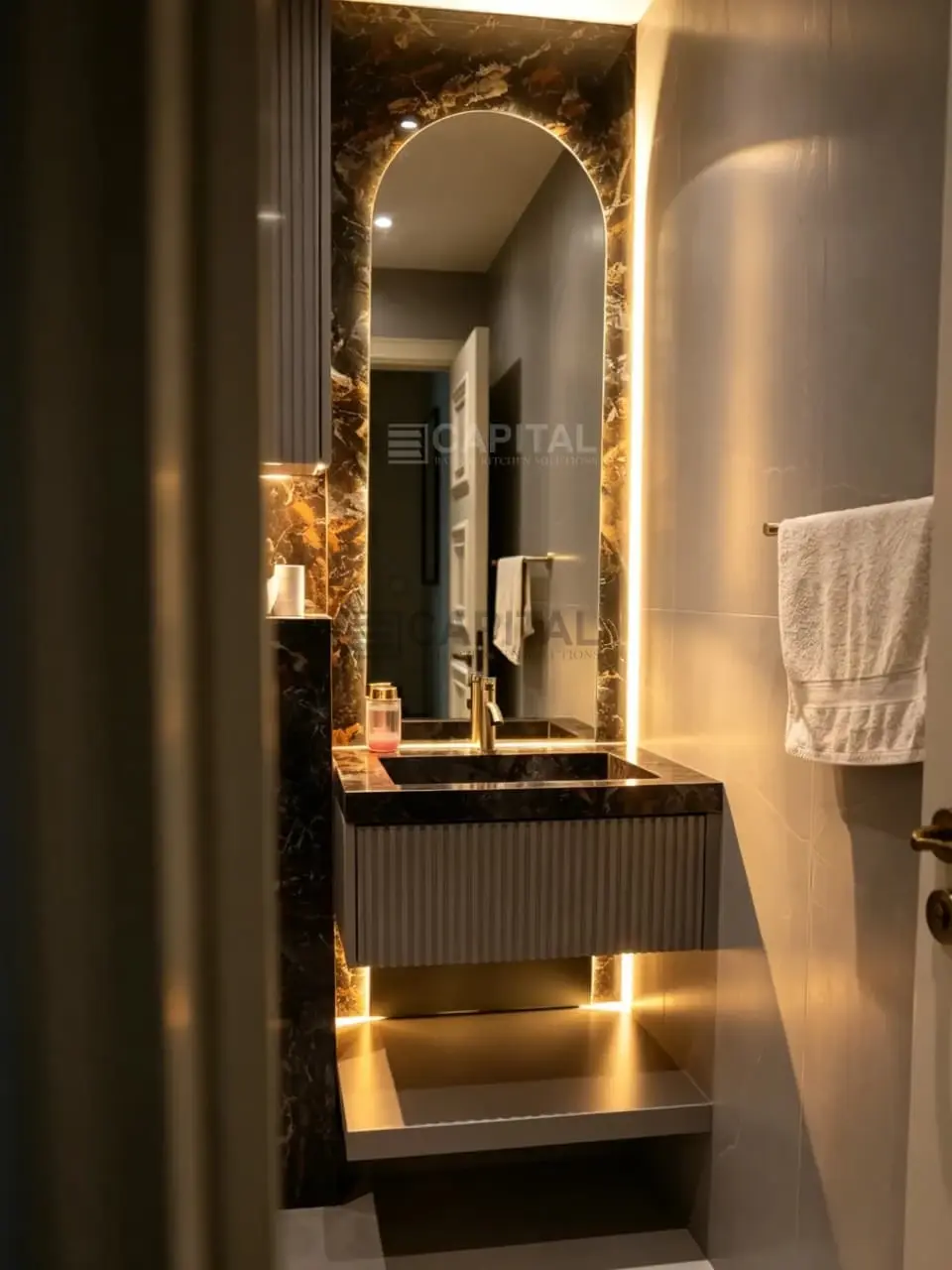 Powder Room Vanity | Dark Marble-Look Porcelain Counter & Fluted Floating Cabinet 