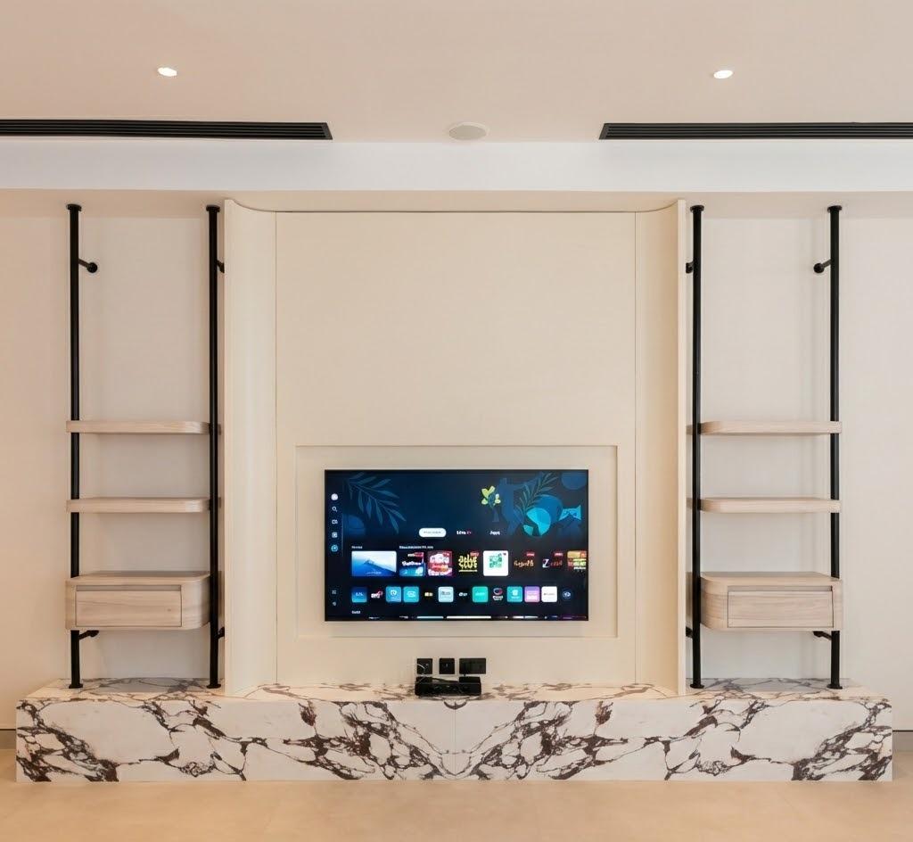 Luxury Marble TV Unit with Floating Shelves & Modern Wood Accents  3D