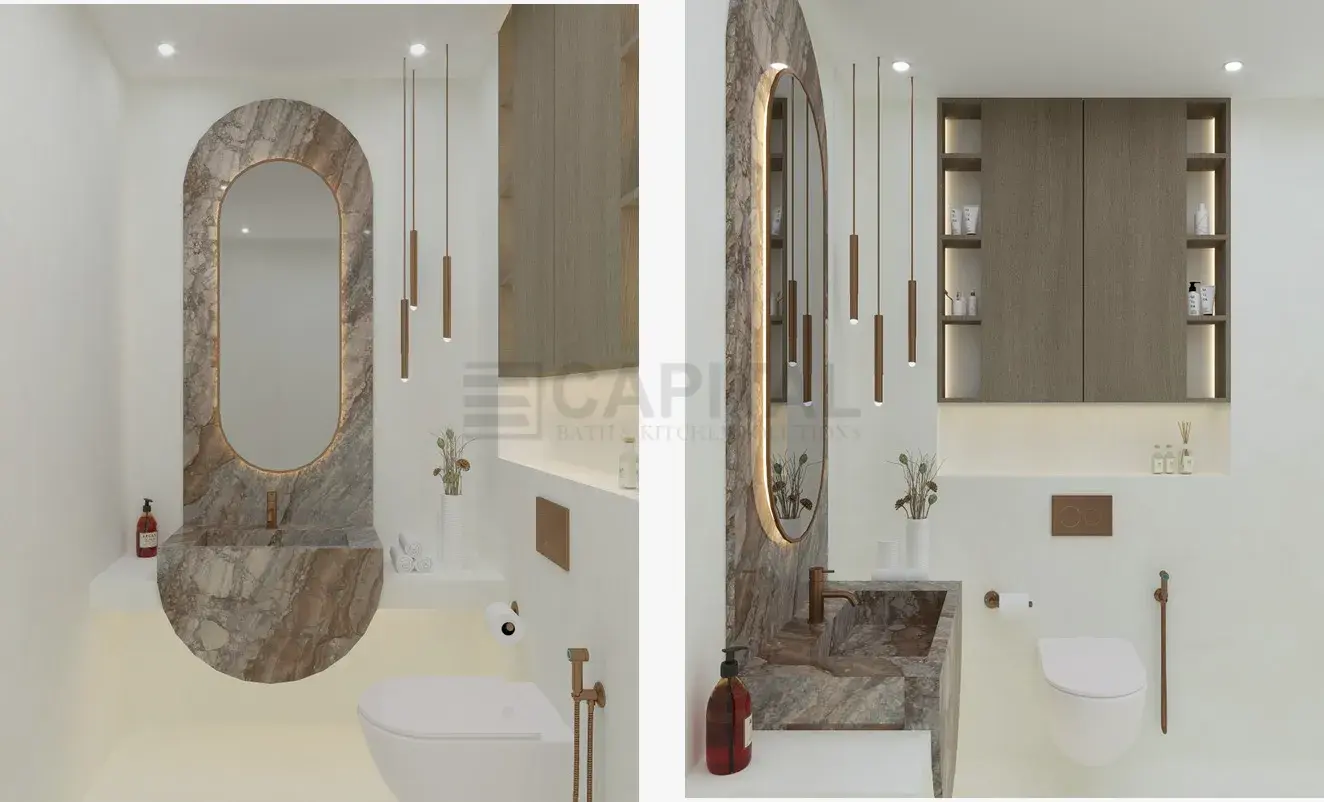 Luxury Powder Bathroom with Marble Porcelain Sink & Decorative Mirror – UAE 