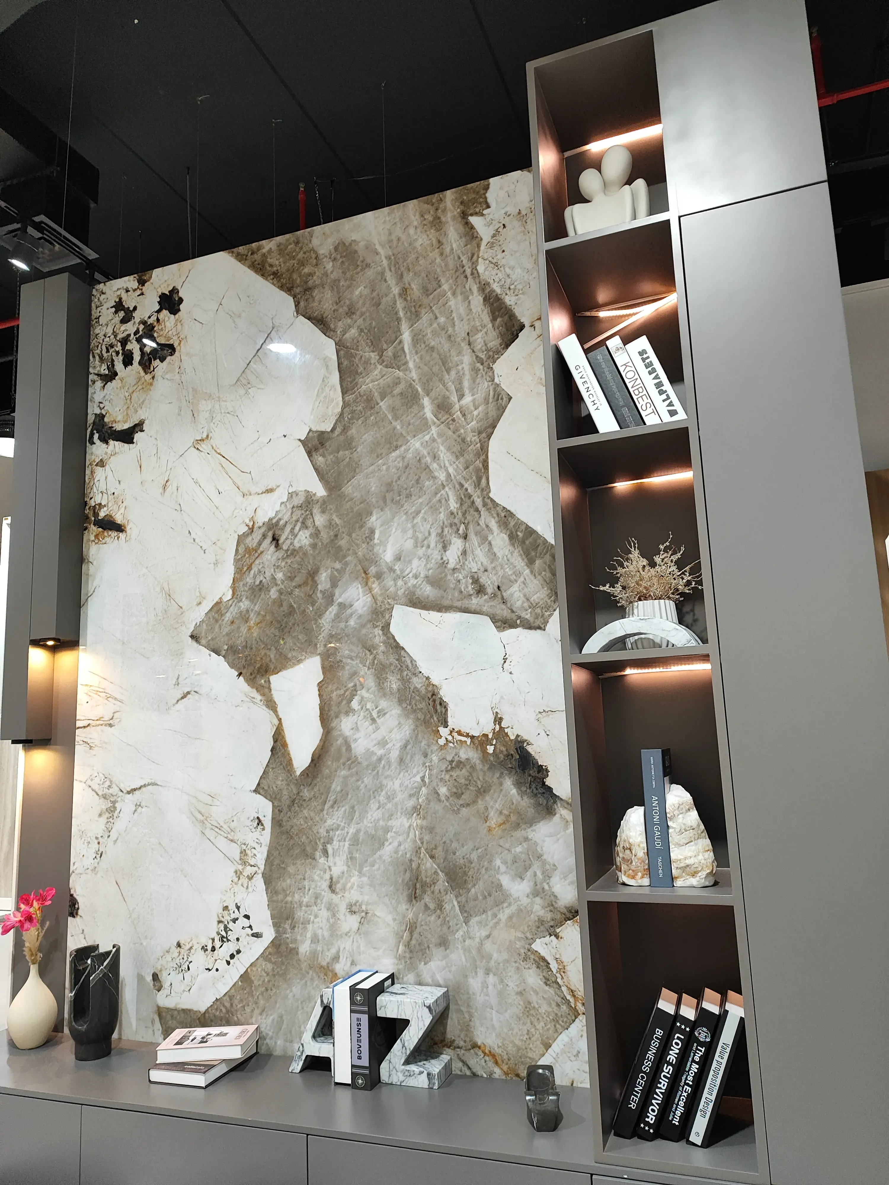 Luxury Wooden TV Unit with Porcelain Finish & LED | Made in UAE 3D