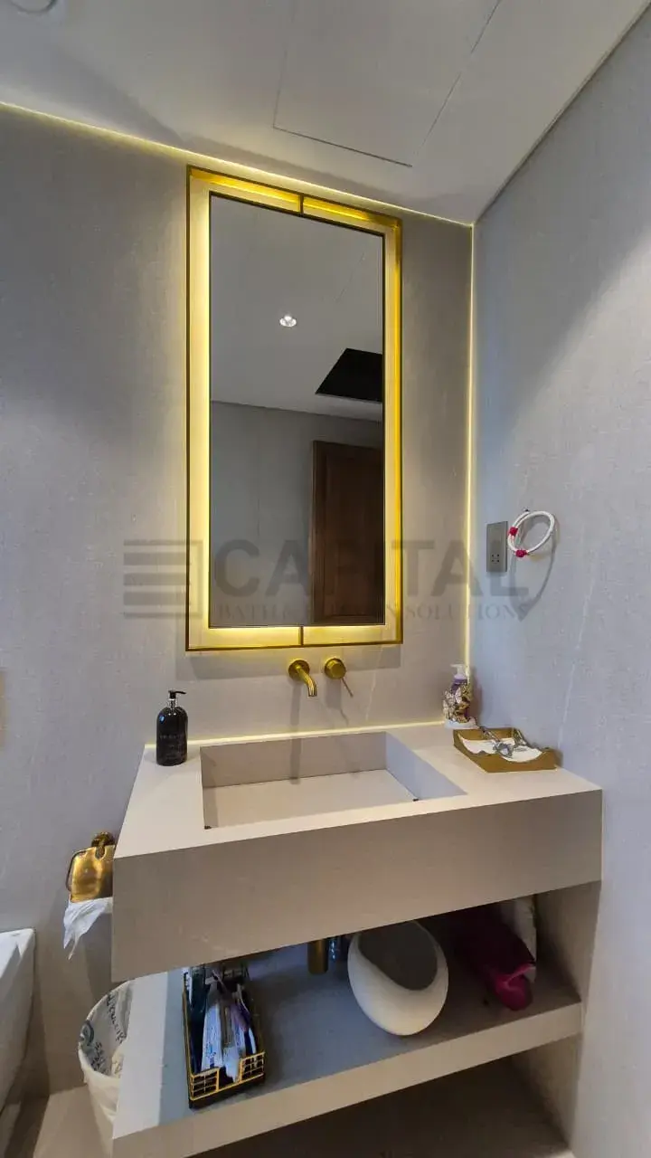 Premium LED Bathroom Mirror with Gold Frame & Architectural Lighting 