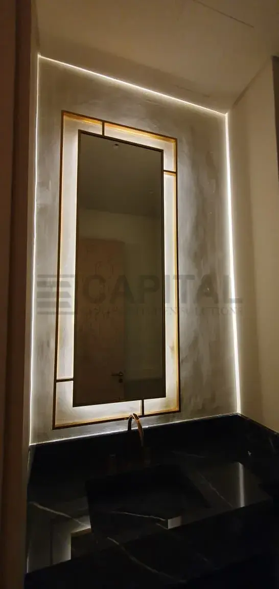 Luxury Rectangular LED Bathroom Mirror with Gold Frame & Ambient Lighting  