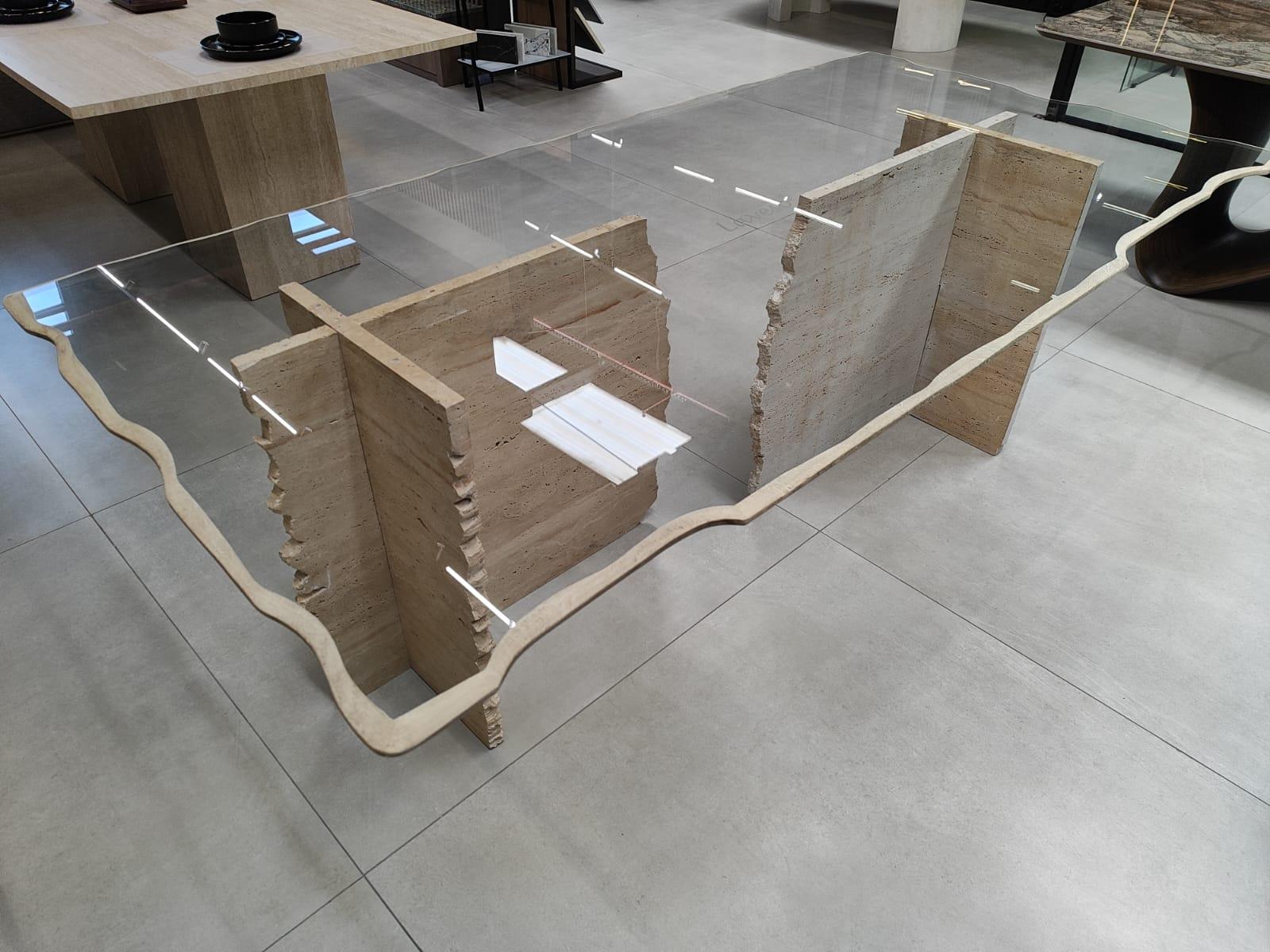 Dubai Exclusive Luxury Travertine & Glass Sculptural Coffee Table  3D