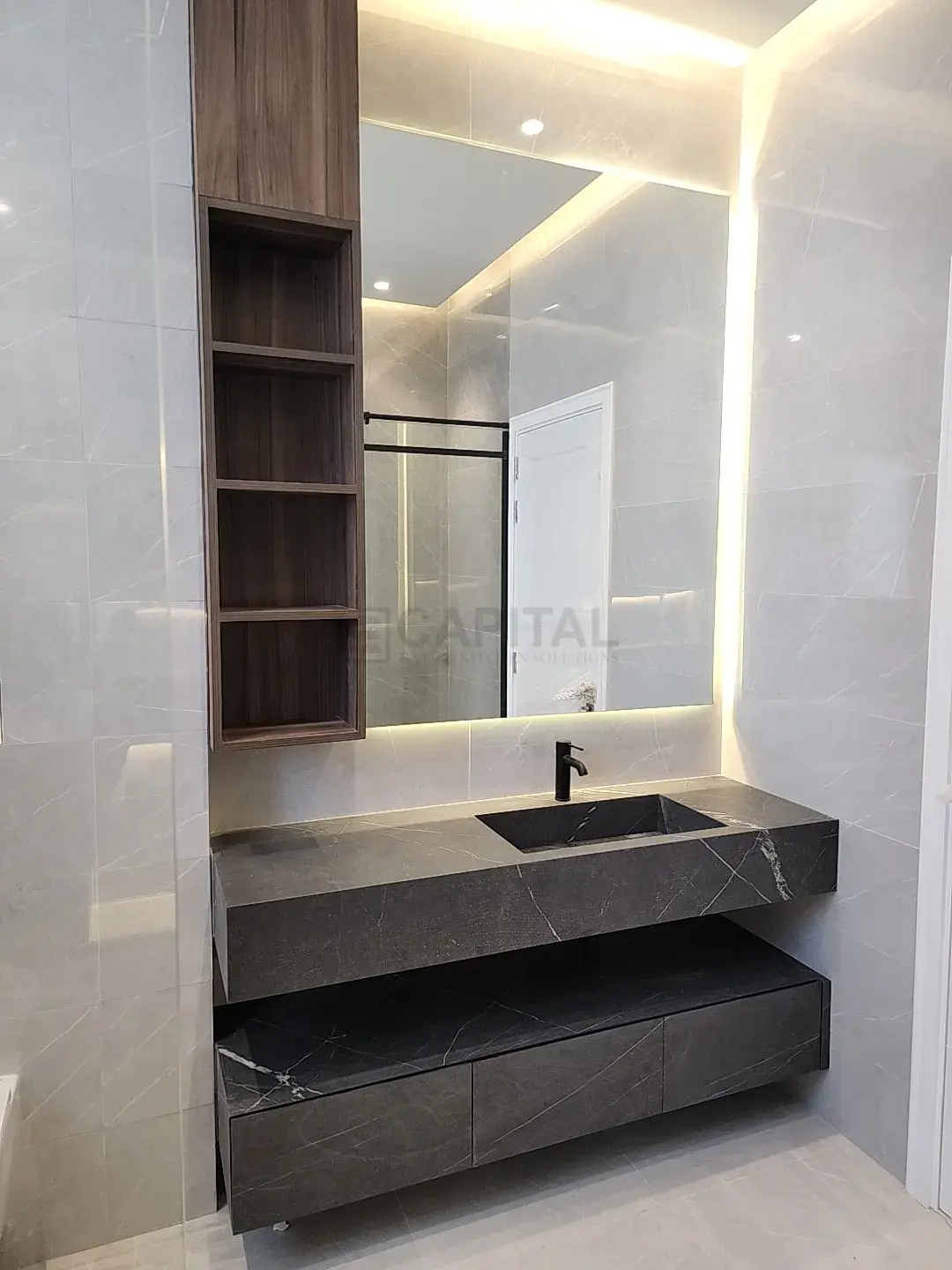 Metro Series Dark Marble-Effect Console with Timber-Grain Open Shelf 