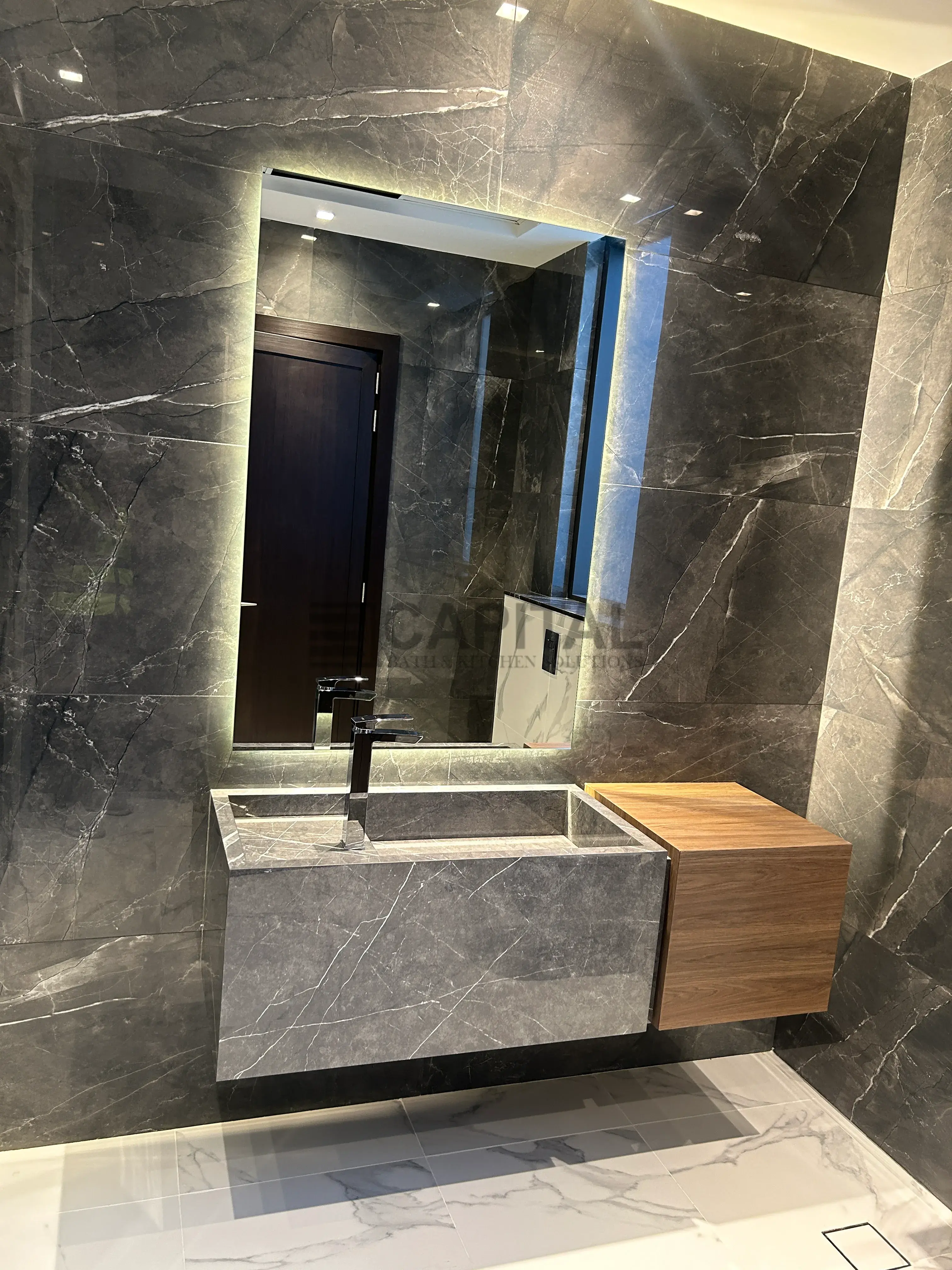 Suspended Dark Marble Shelf Vanity with Timber Accent