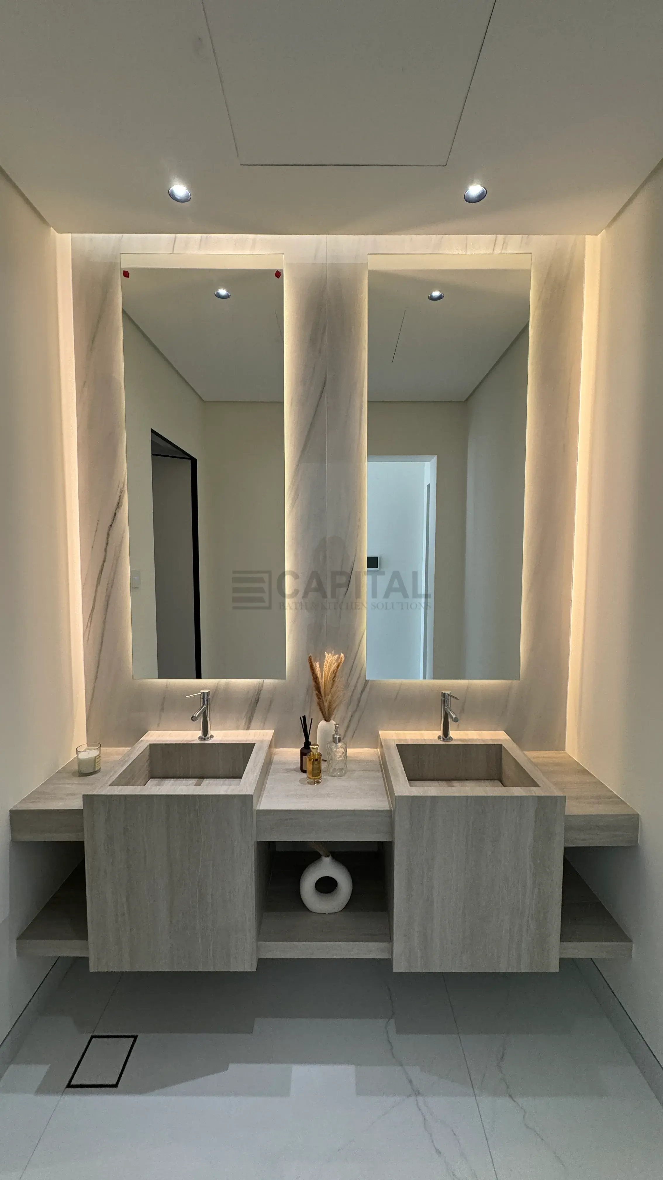 Double Undermount Basin Porcelain Console with Open Shelf