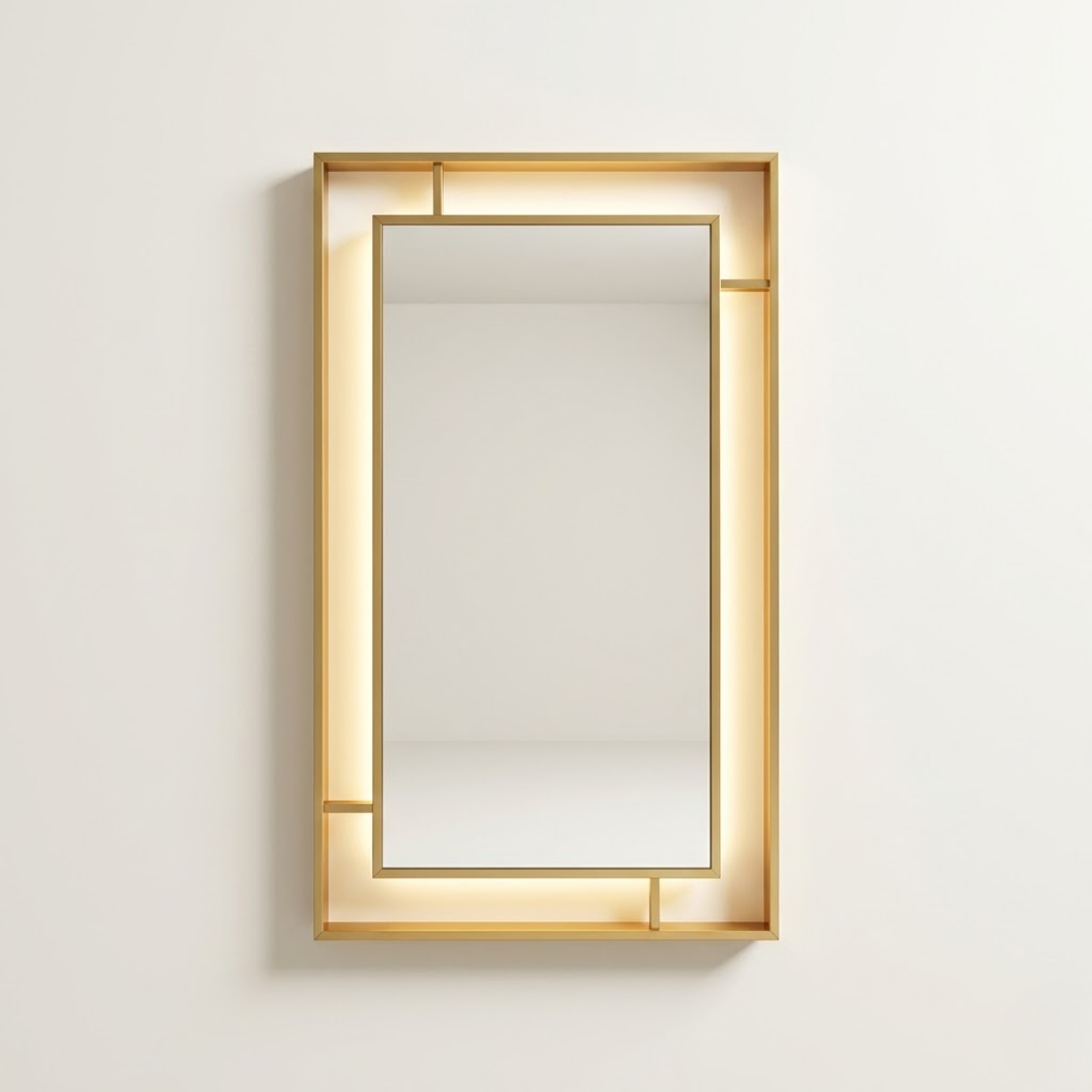 Decorative Rectangular LED Bathroom Mirror with Gold Frame