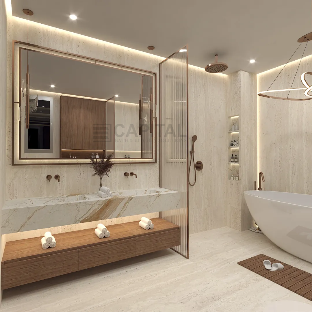 Modern Luxury Master Bathroom Design with Porcelain and Wood 