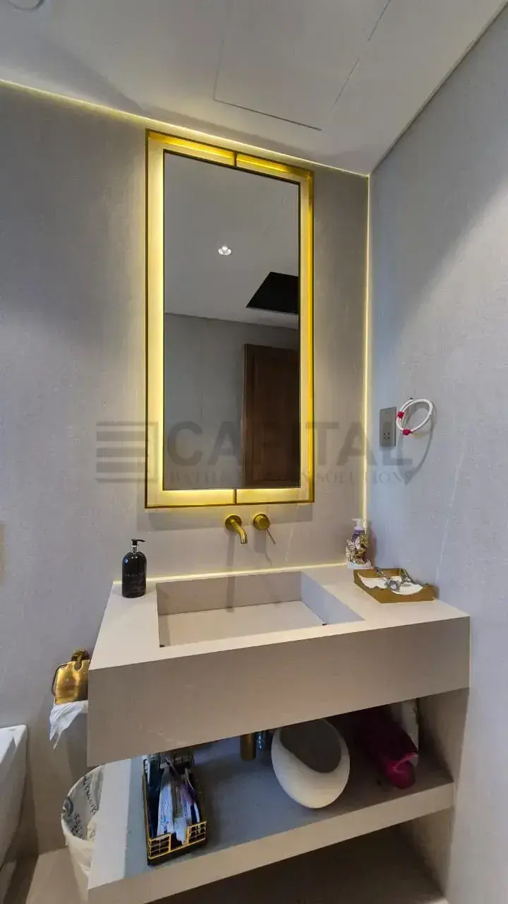 Decorative Rectangular LED Bathroom Mirror with Gold Frame