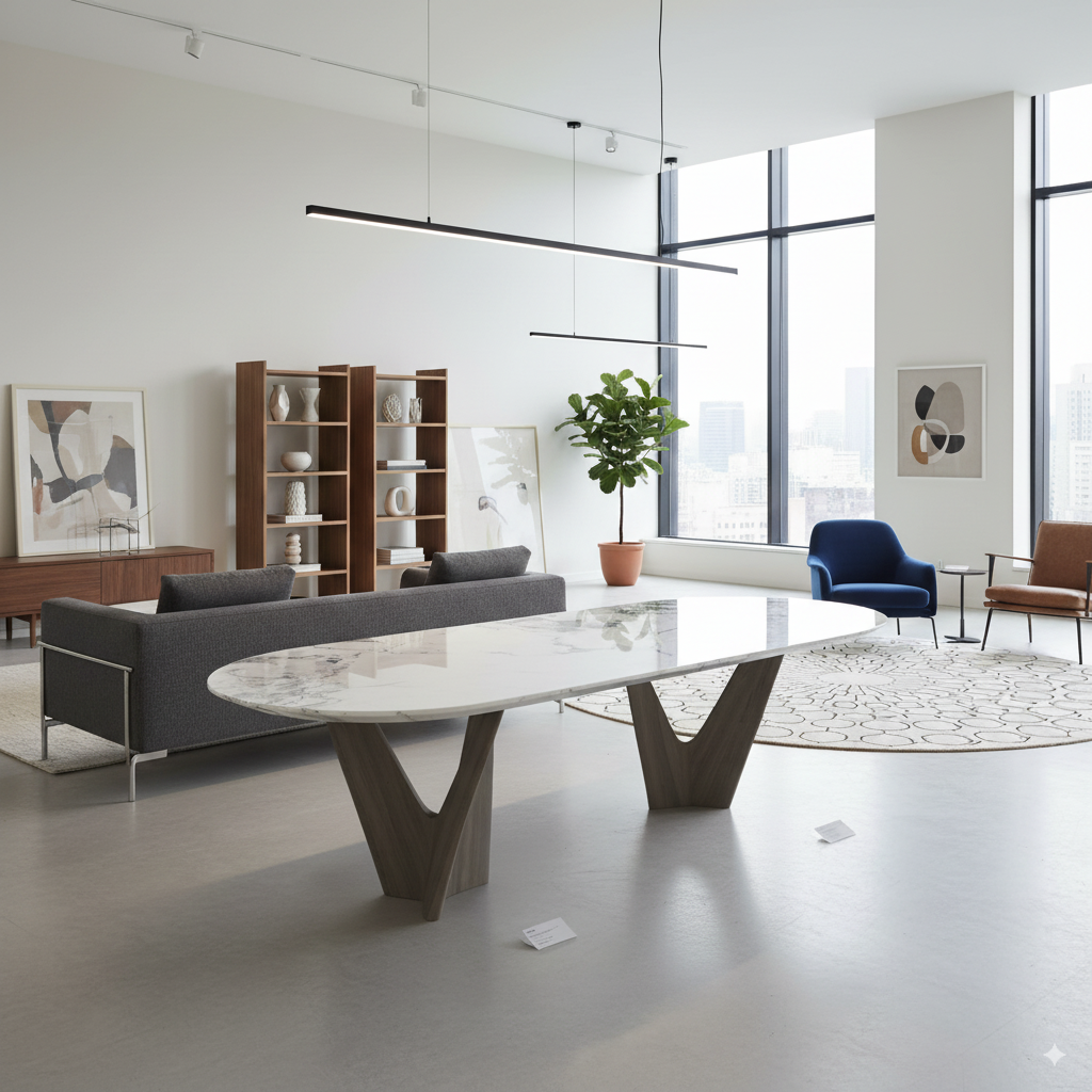 Modern Marble Dining Table with Dual Sculptural Base  Real