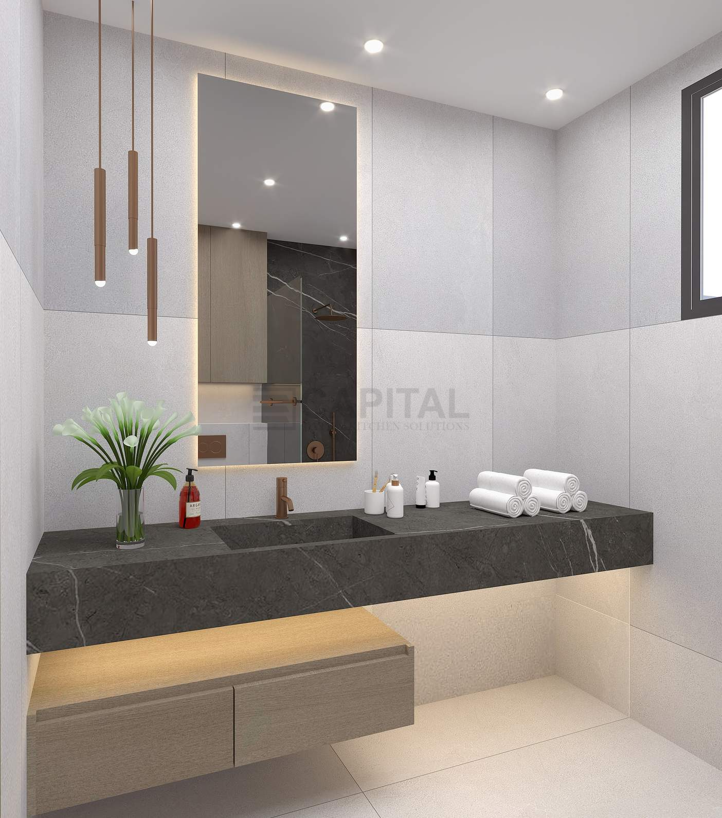 Modern Dark Stone Bathroom with Bronze Fixtures & Floating Vanity