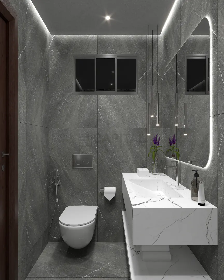 Contemporary Grey & White Marble Guest Bathroom | Floating Vanity & Sleek Design - UAE