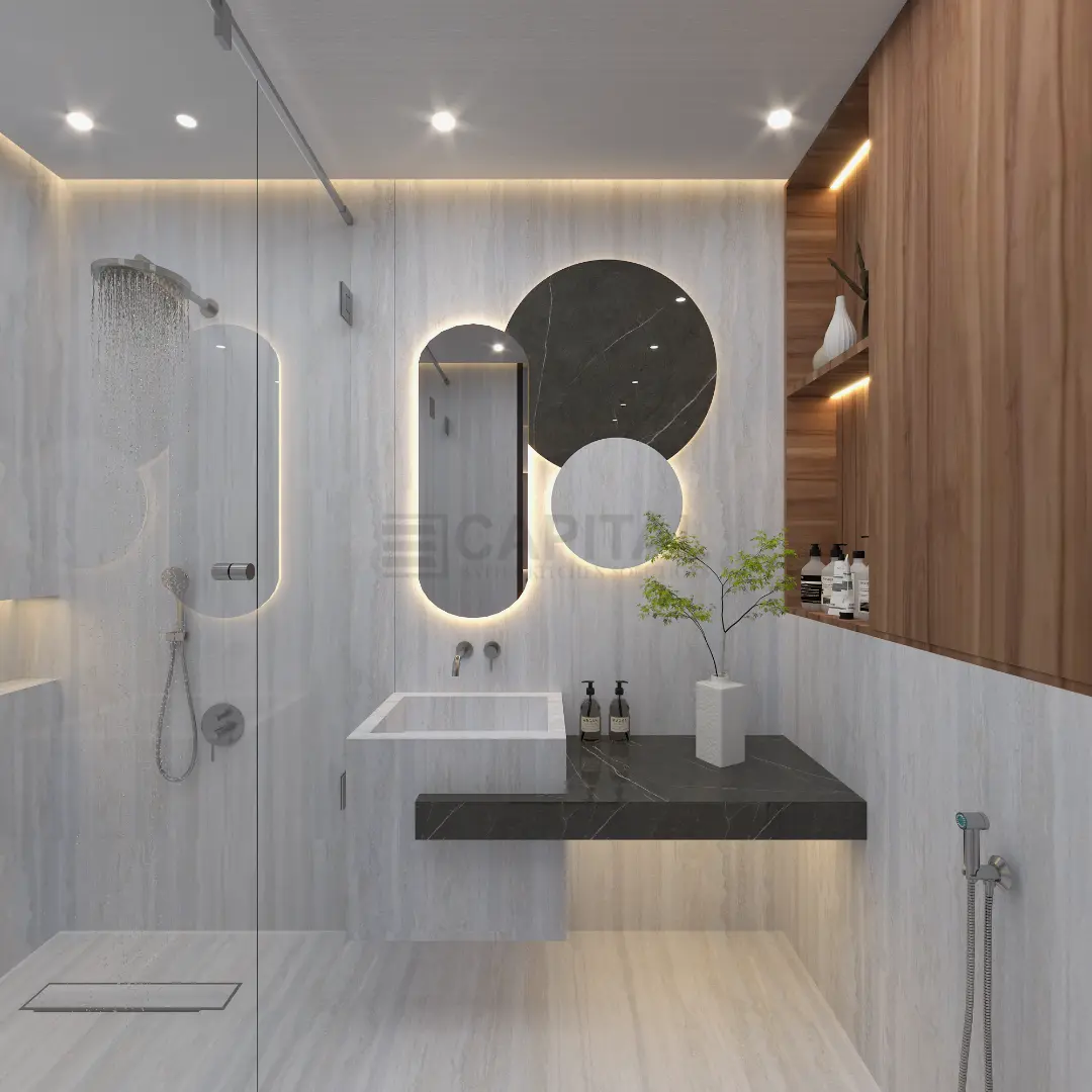 Artistic Modern Guest Bathroom | Floating Concrete Sink & Wood Accents - UAE