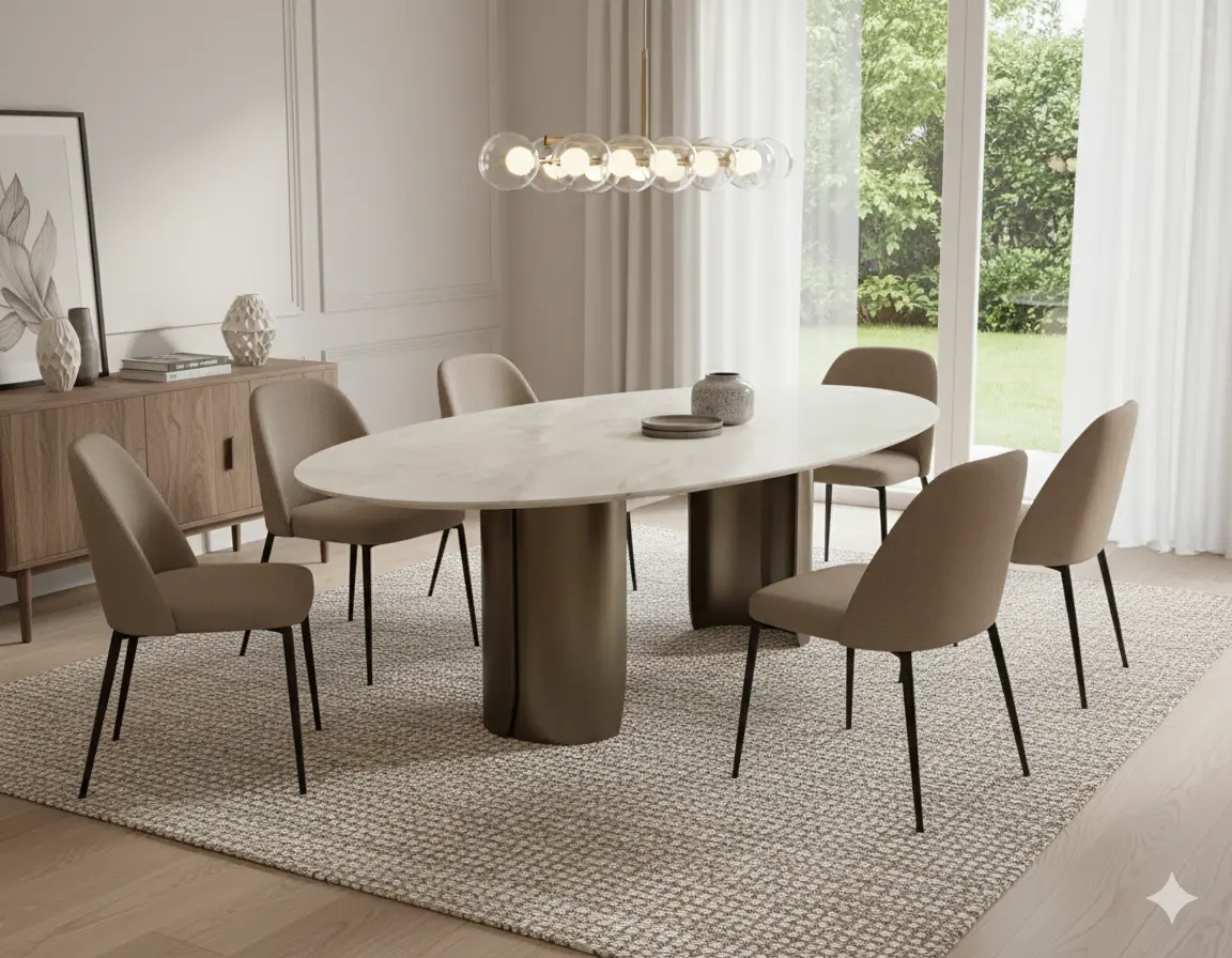 Taj Mahal oval dining table top made of sintered  stone having no facia with curved shaped joint metal leg base 2025 Real