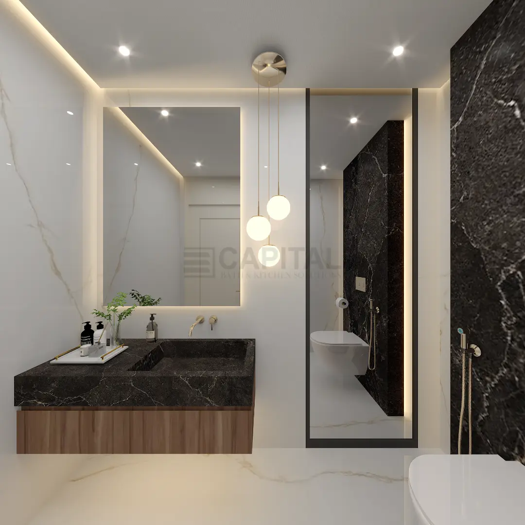 Luxurious Black & White Marble Powder Room | Floating Vanity & Gold Accents - UAE