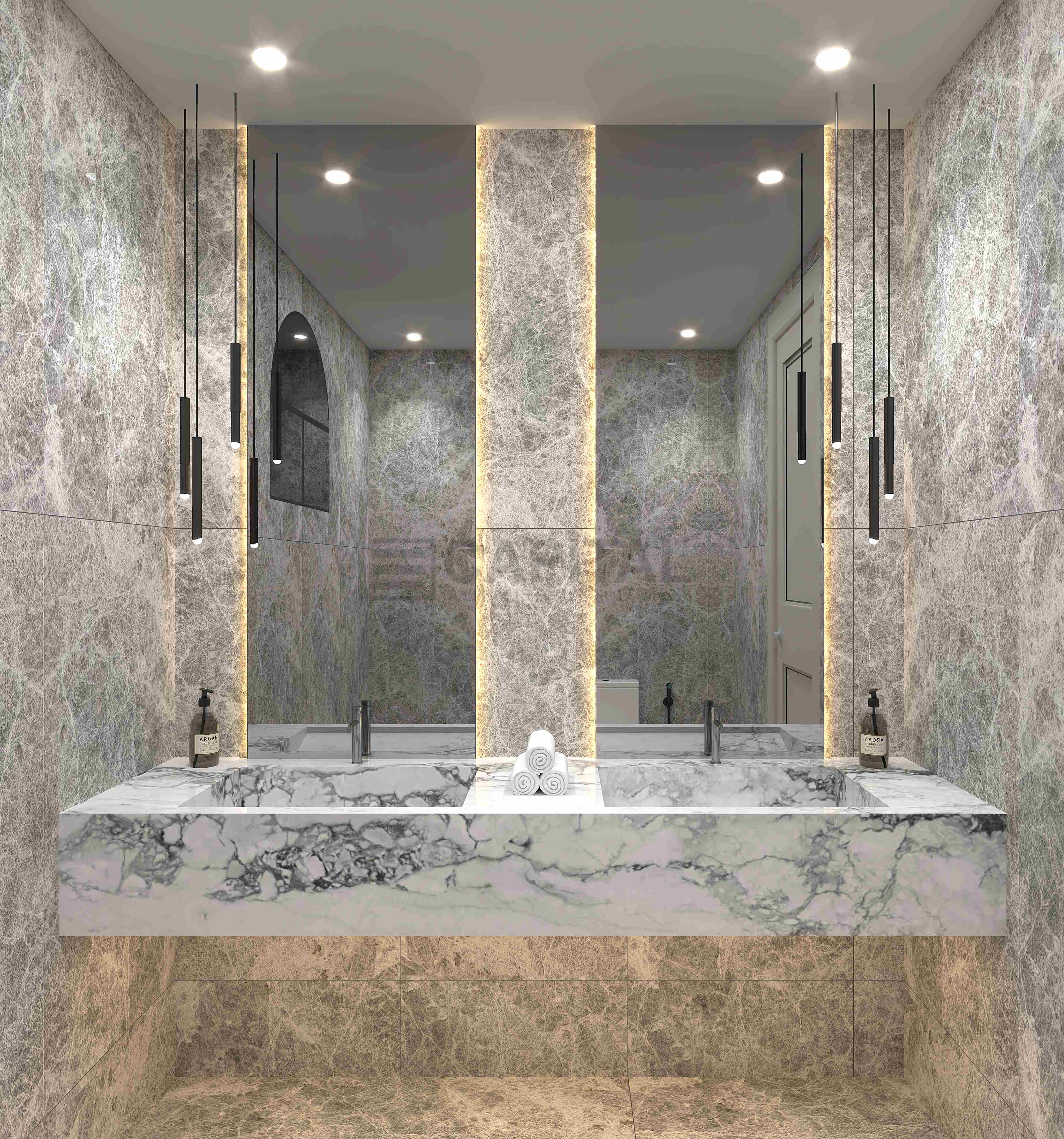 Luxury Grey Marble Double Vanity Powder Room with LED Backlighting