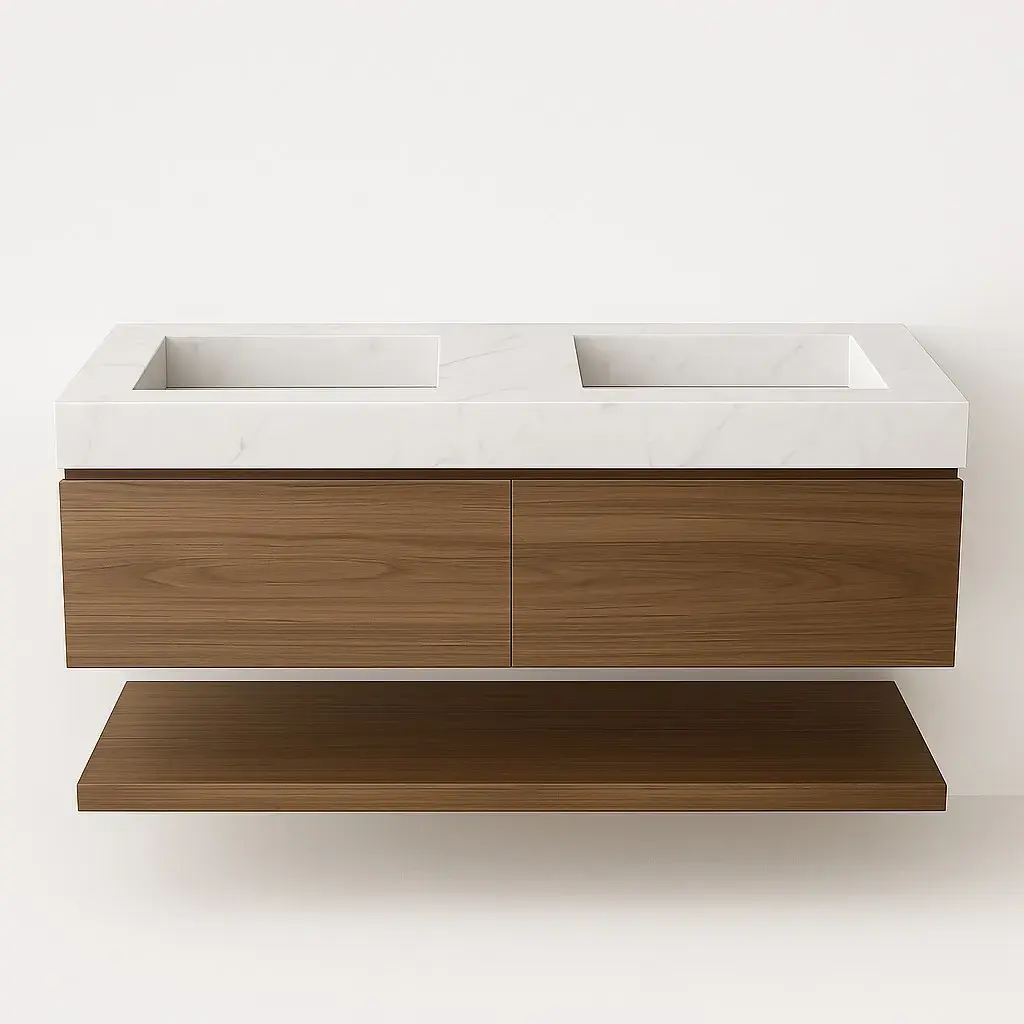 Floating Double Vanity – White Porcelain Integrated Sinks, Walnut Wood Finish 