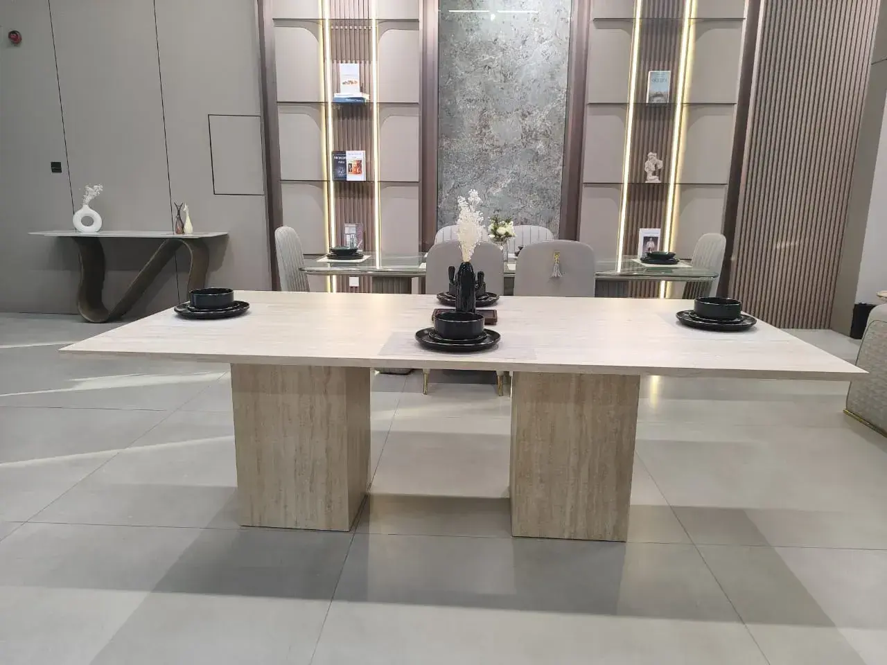 Traventine dining table top made of sintered  stone having 3cm facia with legs made of sintered stone Real