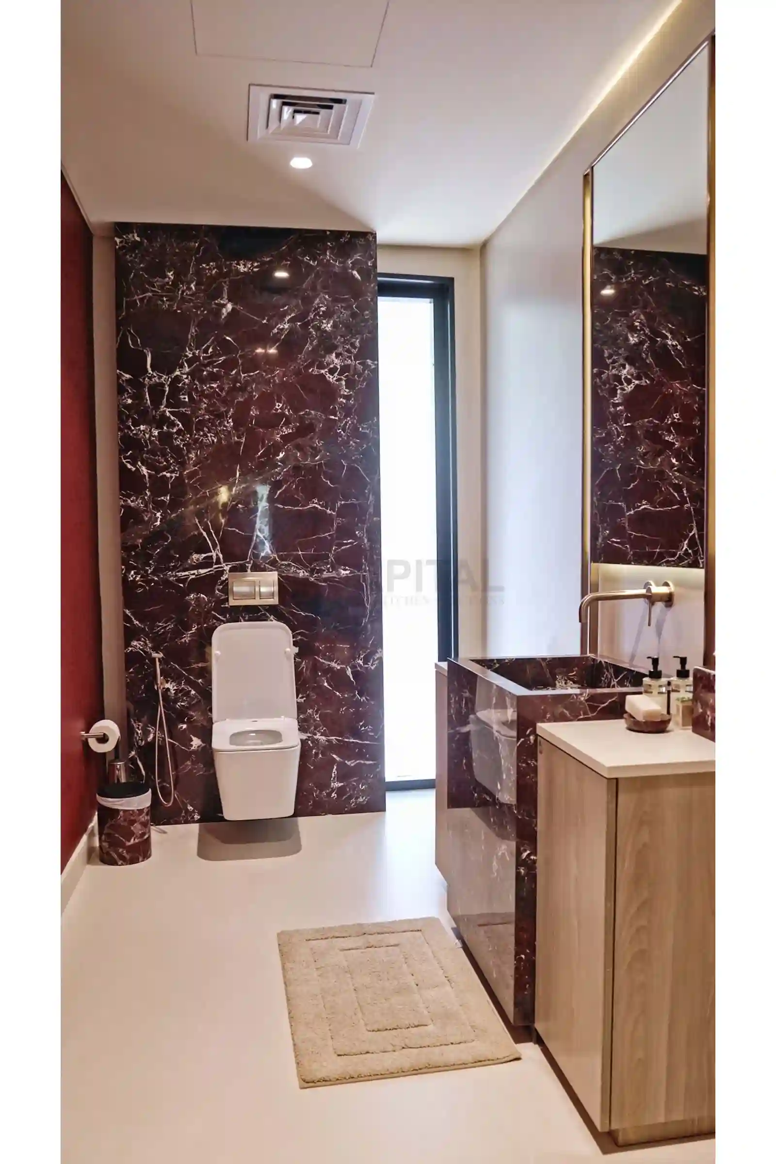 Full Perspective of Bathroom Suite and Vertical Architectural Window